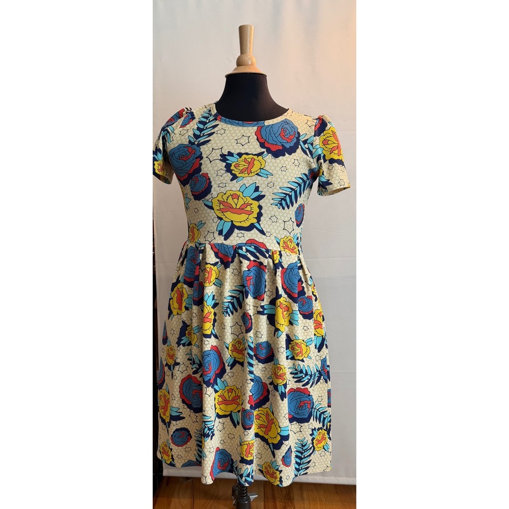 LuLaRoe Amelia Dress Women Large Floral Star Short Sleeve Pleated Zipper Pockets